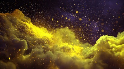 Abstract Yellow Cloud Formation With Glittering Particles Against a Purple Space Background