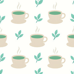 Obraz premium Minimalist seamless pattern with green tea cups and leaves.