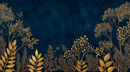 Ornate golden foliage grows against a deeply textured dark blue background emphasizing natural elegance.