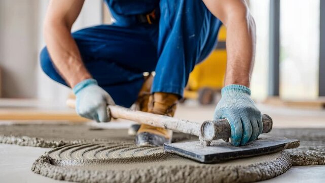A construction worker in blue overalls and gloves expertly applies cement to a floor with a trowel, working on a new surface.