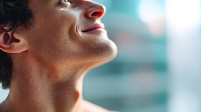 Contentment Gaze: A close-up captures a person looking towards the light with contentment on face. evoking an expression of tranquility and optimism.