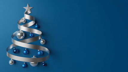 Elegant Christmas tree made of silver ribbon decorated with blue and silver ornaments on a dark blue background with copy space