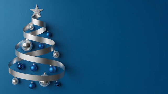 Elegant Christmas tree made of silver ribbon decorated with blue and silver ornaments on a dark blue background with copy space - Powered by Adobe