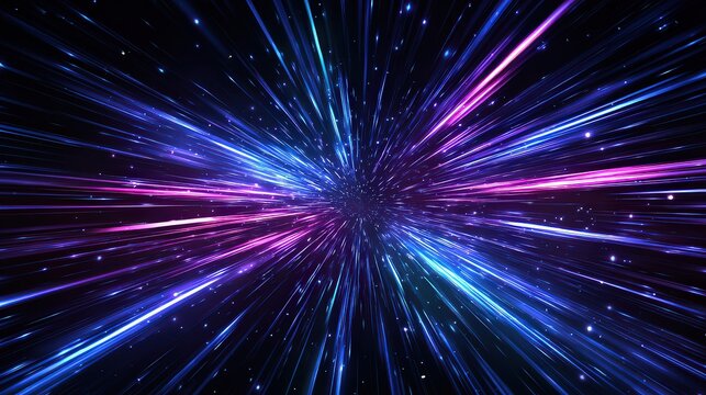 Abstract Digital Particle Explosion in Dark Space with Blue and Purple Hues