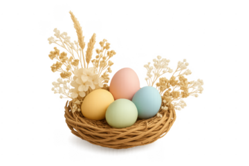 Pastel easter eggs in nest with dried flowers