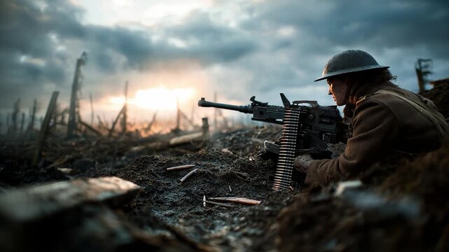 Warrior fires weapon, Trooper aims and fires during dawn conflict