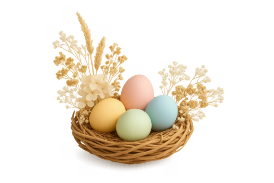 Pastel easter eggs in nest with dried flowers