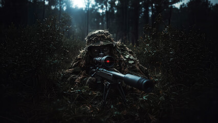 Concealed Ghillie-Suited Sniper Eyes Red Scope Target Highlighting Covert Action, Stealth, And Lethal Focus.