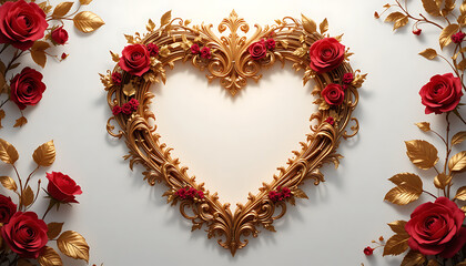 Ornate Golden HeartShaped Frame with Red Roses.