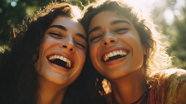 Radiant Friendship: Two women embrace in a moment of pure joy and laughter. Their faces are illuminated by the warm light of the outdoors, reflecting a bond of friendship and shared happiness.