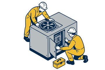 HVAC technicians troubleshoot industrial air conditioning system with toolbox, skilled maintenance workers ensure optimal climate control performance