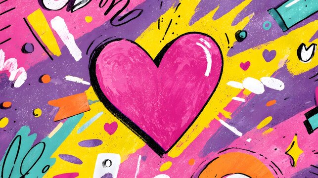 Vibrant colorful abstract background features a prominent magenta heart illustration - Powered by Adobe