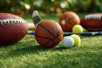 Assortment Of Sports Equipment Resting On Green Artificial Turf Under Bright Sunlight