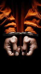 Handcuffed Hands In Orange Jumpsuit Symbolize Arrest, Incarceration, Justice, Accountability, And Criminality.