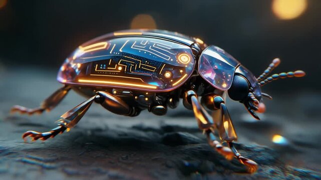 Close-up of a futuristic cybernetic beetle with glowing circuit patterns on its iridescent shell.