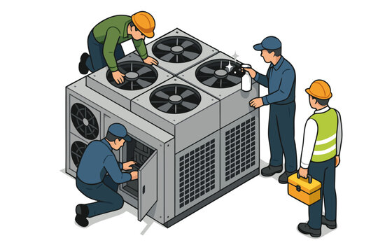 HVAC technicians inspect and clean large rooftop unit, ensuring efficient climate control and preventative maintenance