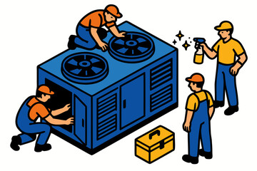 HVAC technicians servicing cooling system, inspecting, cleaning, repairing for optimal performance and energy efficiency
