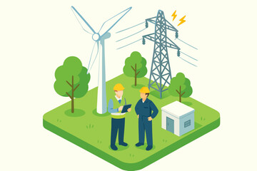 Green energy technicians overseeing wind turbine and power lines for sustainable electricity solutions, a bright modern concept