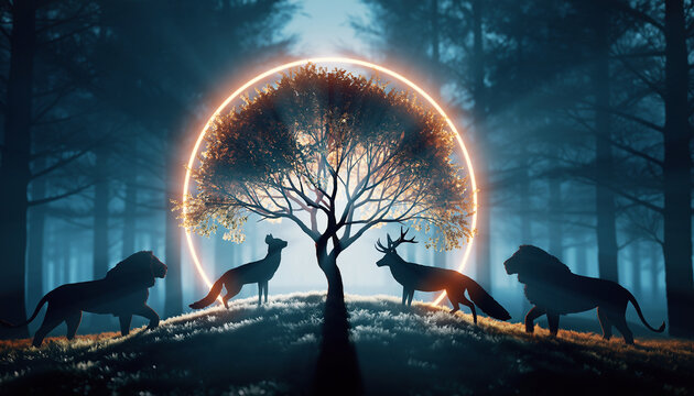 A mystical forest scene with a glowing tree, a fox, a deer, and two lions under a luminous ring.