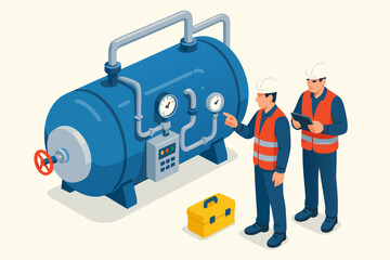 Two engineers inspect industrial machinery, one using a tablet, a toolbox nearby, conveying teamwork and technical expertise