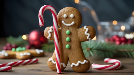 Festive gingerbread man with a candy cane on a rustic wooden table, surrounded by holiday decorations, a Christmas tree, and twinkling lights. Perfect for winter celebrations, recipes, or seasonal