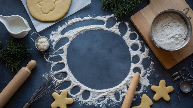 Festive Christmas baking preparation scene. Flour, spices, dough, and essential baking tools artistically arranged for holiday treats. Perfect for homemade cookie recipes and winter celebrations. - Powered by Adobe
