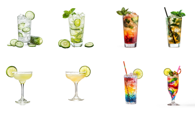 A collection of eight colorful cocktails with various garnishes and straws.