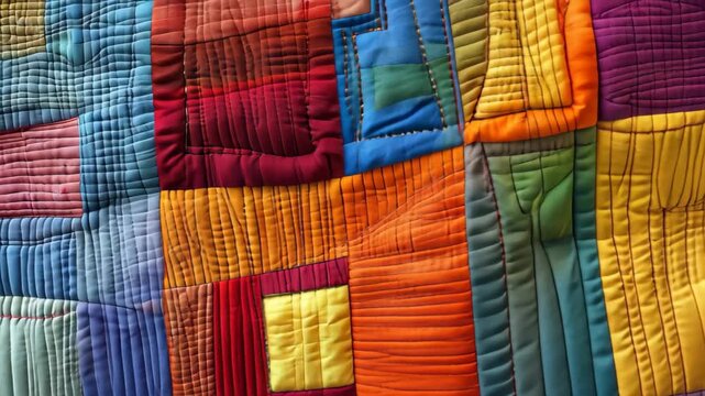 Quilting Masterpiece: A vibrant, close-up shot captures the intricate details of a colorful quilt, showcasing expert craftsmanship and a spectrum of textures, patterns, and hues.