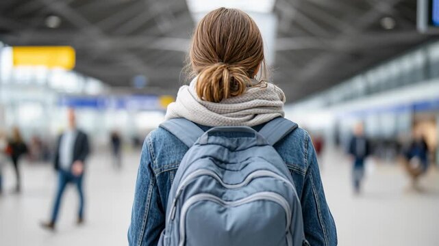 A back view of a person with a backpack and scarf walking through a busy travel hub like an airport or train station, focusing on their journey.