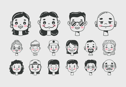 Black And Pink People Faces Diverse Character Doodle Icons Set