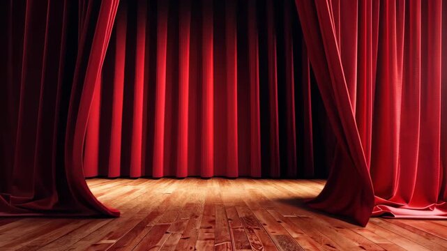 Awaiting the Act: The velvet folds of a stage curtain frame a gleaming wooden floor, creating an air of anticipation and drama, ready to unveil the performance. 