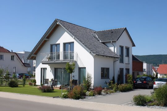 Modern White House with Black Trim and Landscaped Garden Under Clear Blue Sky in Residential Neighborhood