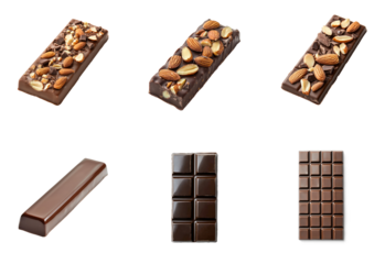 Six chocolate bars with almonds on top.