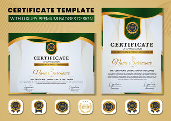 Elegant certificate template with luxury layout, premium badges, clean typography, and gold-green accents. Ideal for awards, appreciation, achievements, events, and official recognition.