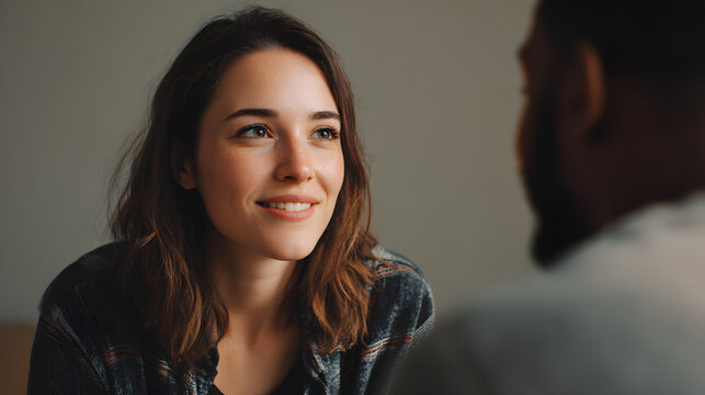 A Moment of Connection: A woman with warm smile engages in an intimate conversation with another person, capturing the essence of human interaction and heartfelt connection.