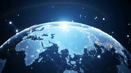 Dynamic earth animation showcasing global network connections and worldwide business reach with illuminated cities - Powered by Adobe