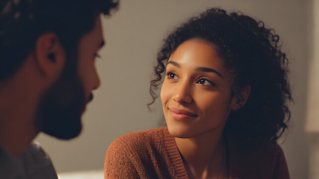 Embraced Gaze: Intimate and tender portrait captures a moment of connection, as a couple shares a loving glance, bathed in soft, natural light, creating an atmosphere of warmth and affection.