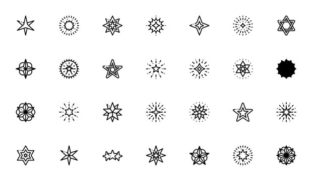Stars icon set. Vector star symbols collection. Incldes pentacle, star of davi and various star shapes. inimalist vector illustraton.