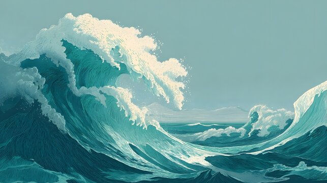 Massive teal ocean waves crest dramatically under a pale blue sky