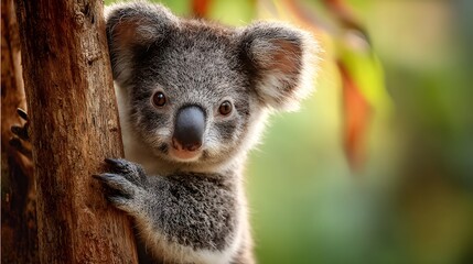 Obraz premium Young marsupial clings tightly to rough bark while peering out from behind a tree trunk