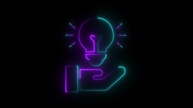 Energy idea with electric neon bulb icon animation on blue color on black background.lowing light bulb symbol animation. blue color light bulb Electricity icon, Light lamp icon. power.4k