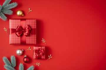 Festive Christmas gifts with red wrapping and bows arranged with ornaments and pine branches on a vibrant red background
