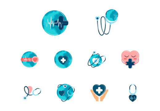 Colorful World Health Day Globe Medical Illustrations Set