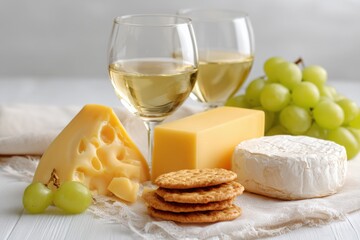 A delightful cheese and wine platter featuring grapes, crackers, and two glasses of white wine