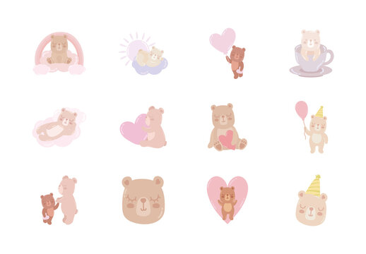 Colorful Cute Bear Love Baby Cartoon Illustrations Set