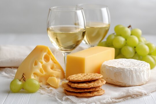 A delightful cheese and wine platter featuring grapes, crackers, and two glasses of white wine - Powered by Adobe