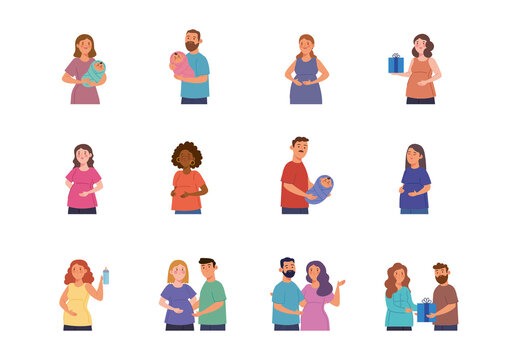 Colorful Baby Shower Parenthood Family Pregnant Illustrations Set