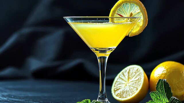 Citrus Cocktail Delight: A vibrant cocktail, garnished with a lemon slice and sprig of mint, invites a refreshing sensory experience and creates a sense of sophistication and refreshment