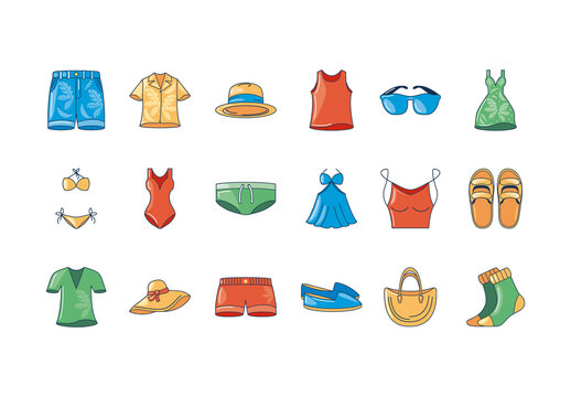 Colorful Summer Clothes Beach Vacation Fashion Illustrations Set