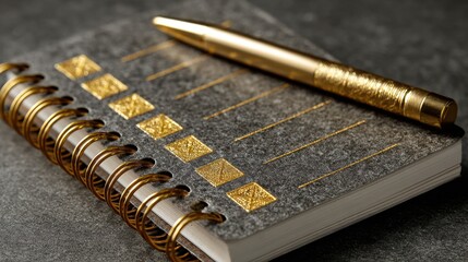 Elegant Notebook and Golden Pen on Dark Surface for Creative Work